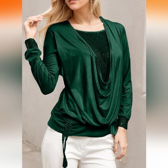 Elegant Green Women's Drape Top - Picture 3 of 12